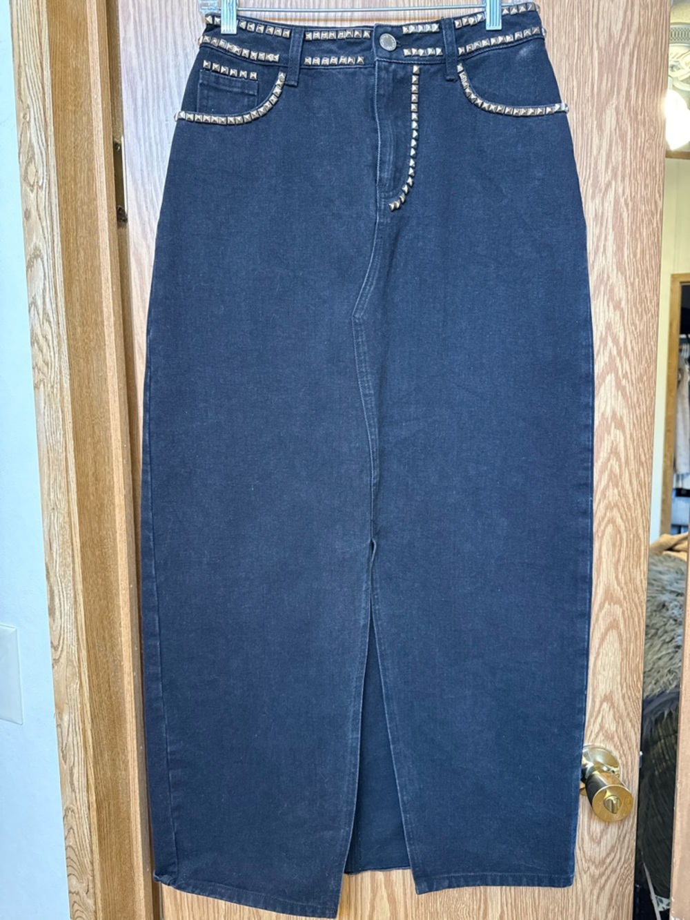 Nasty Gal Black Denim Skirt with Studded Trim